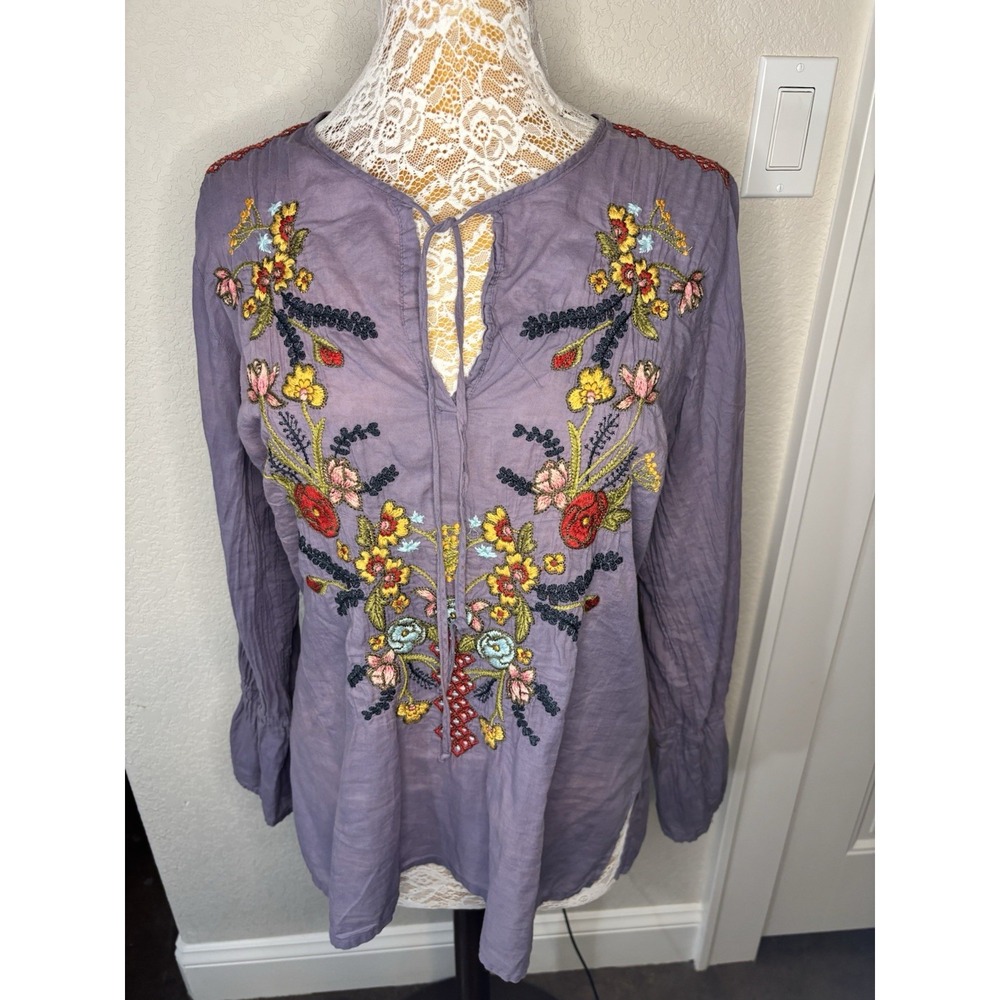 Johnny Was Purple Cotton Embroidered Floral Peasant Blouse Tunic Top Cottagecore